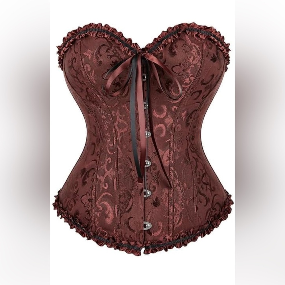 New!! Vintage-Style Brown Satin Brocade Corset with Ribbon Front